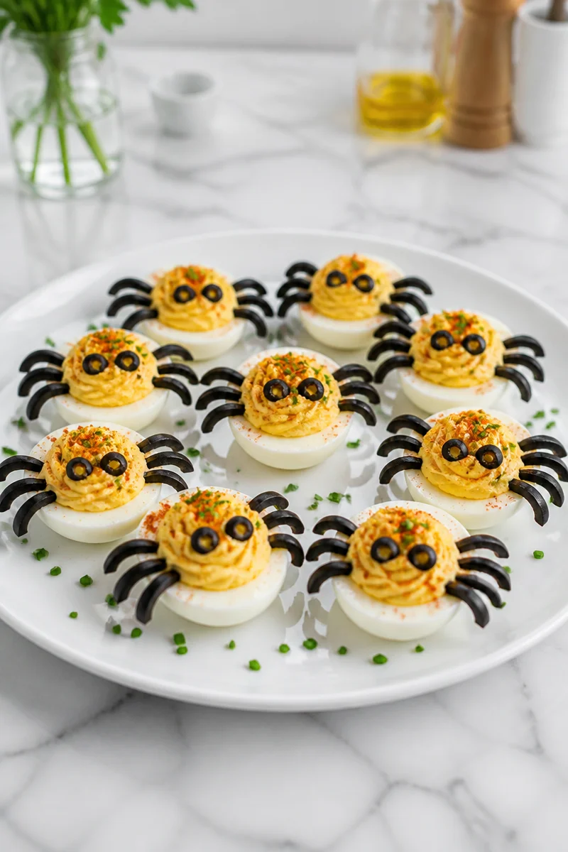 Spooky spider deviled eggs Halloween appetizer decoration