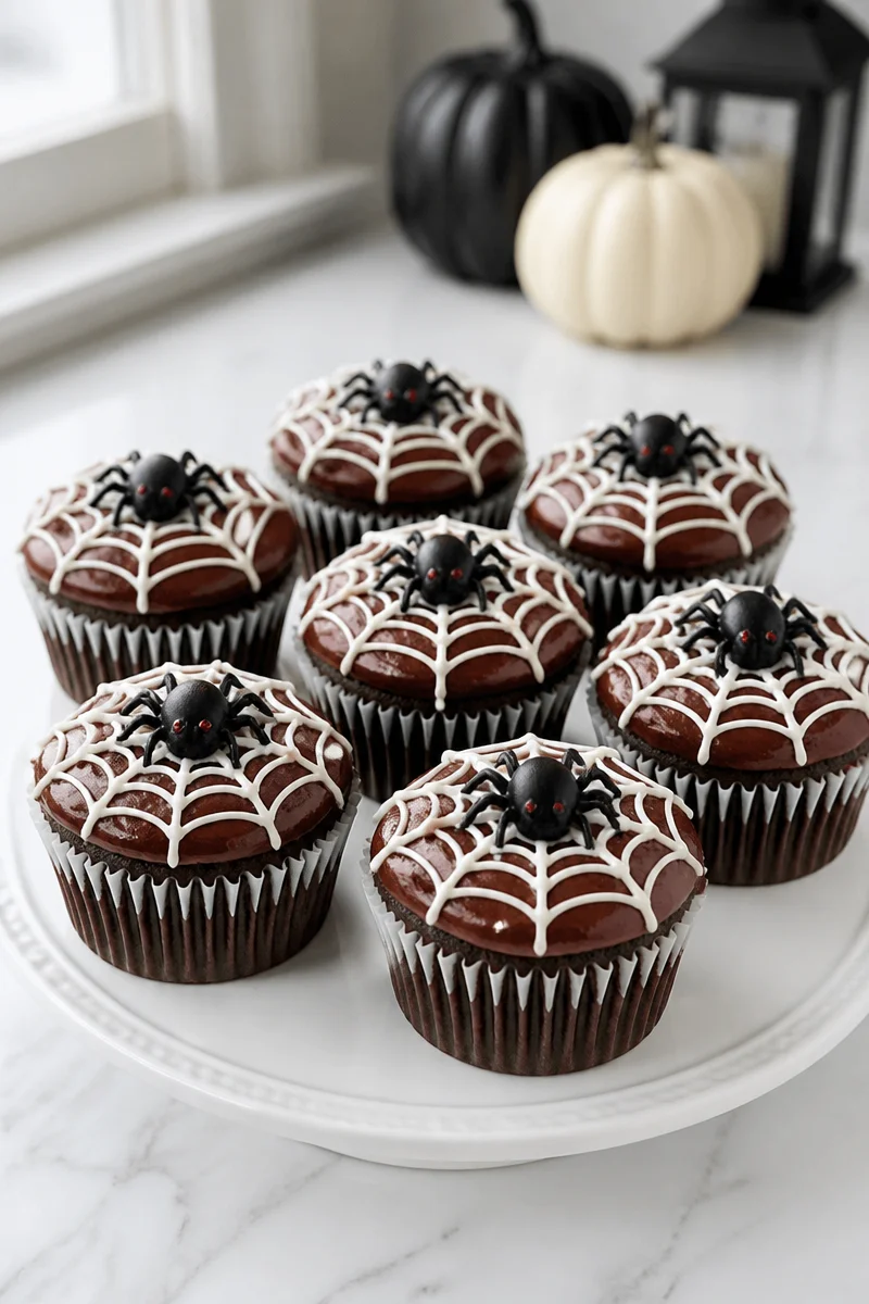 Spooky spider web chocolate cupcake decorated with edible spiders and web design