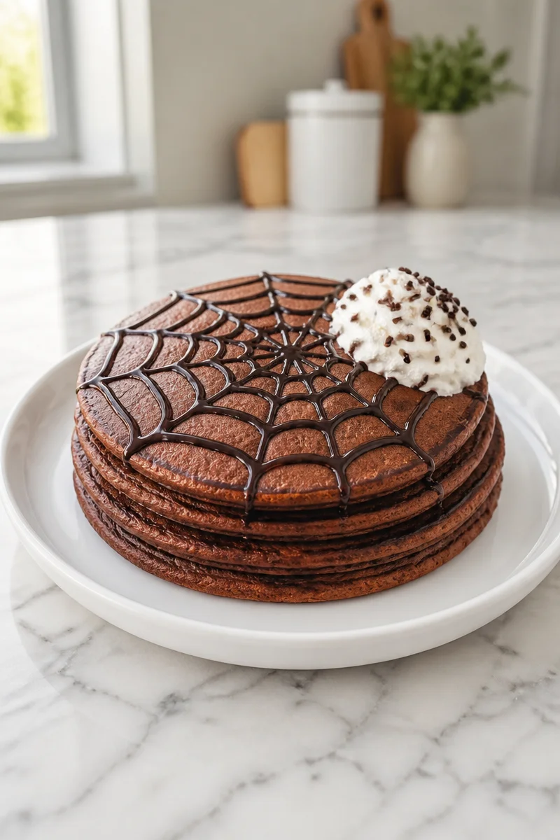 Spooky spider web chocolate pancake decorated for Halloween