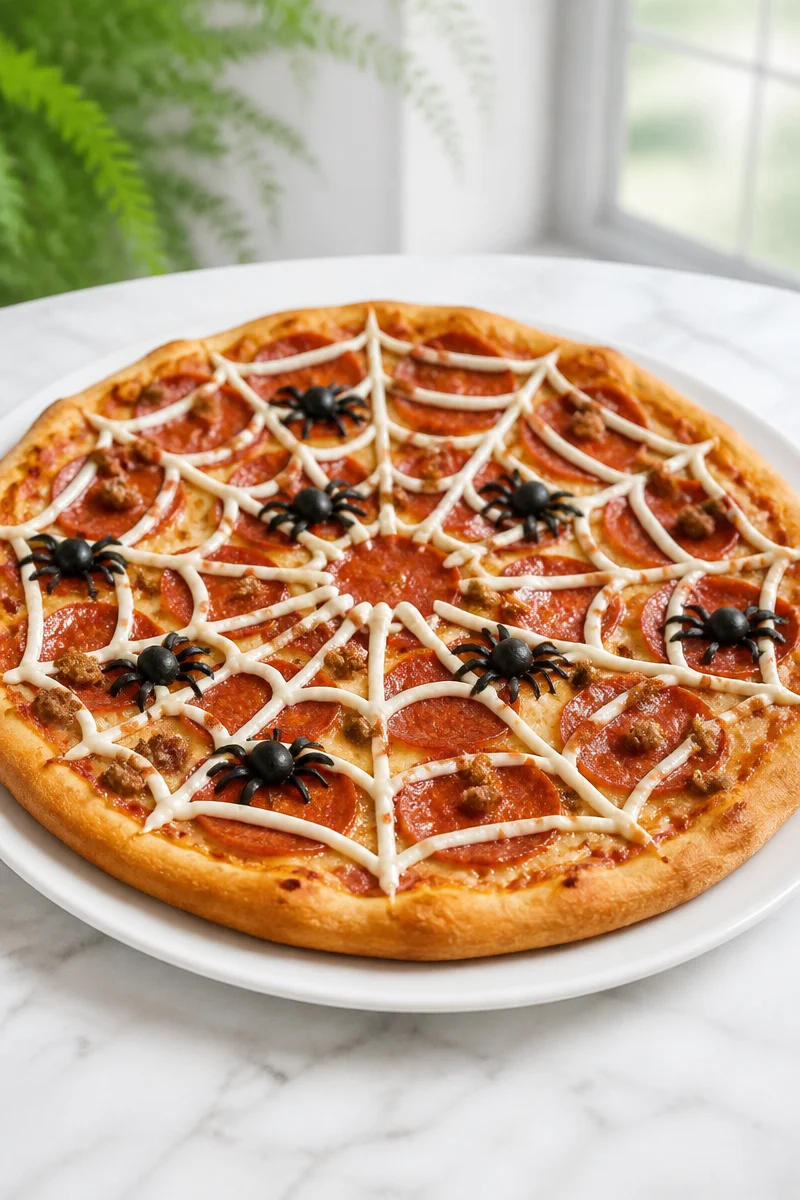 Spooky spider web pepperoni pizza with cheese and olives for Halloween