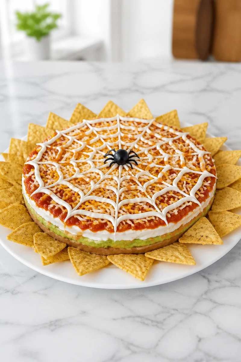 Spooky Spider Web Taco Dip Halloween party appetizer with cheese and olives