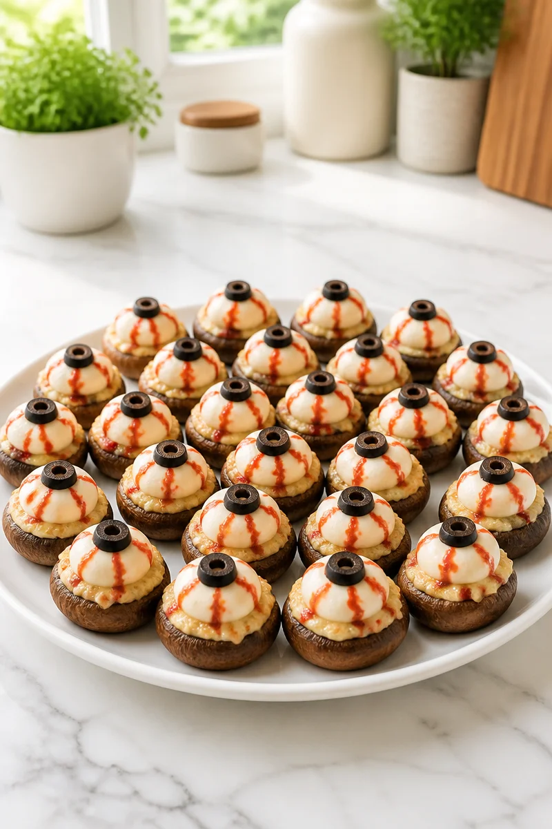 Spooky Stuffed Mushroom Eyeball Bite for Halloween party appetizer