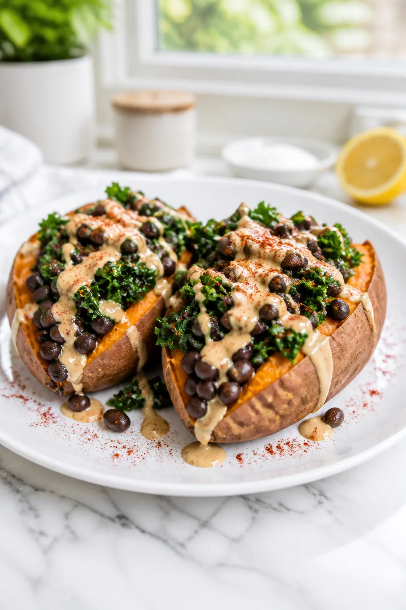 Stuffed sweet potato with hummus and black beans served on a plate