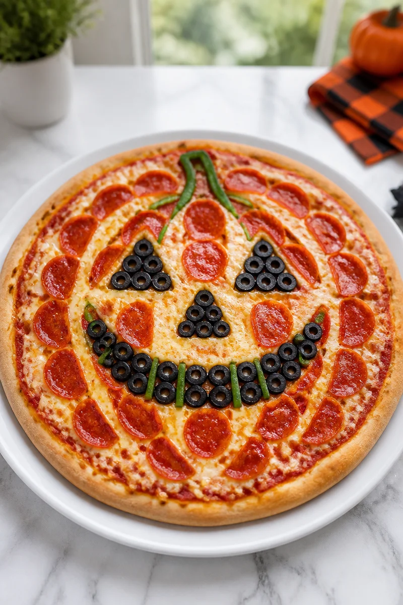 Halloween pizza with a spooky Trick or Treat face design