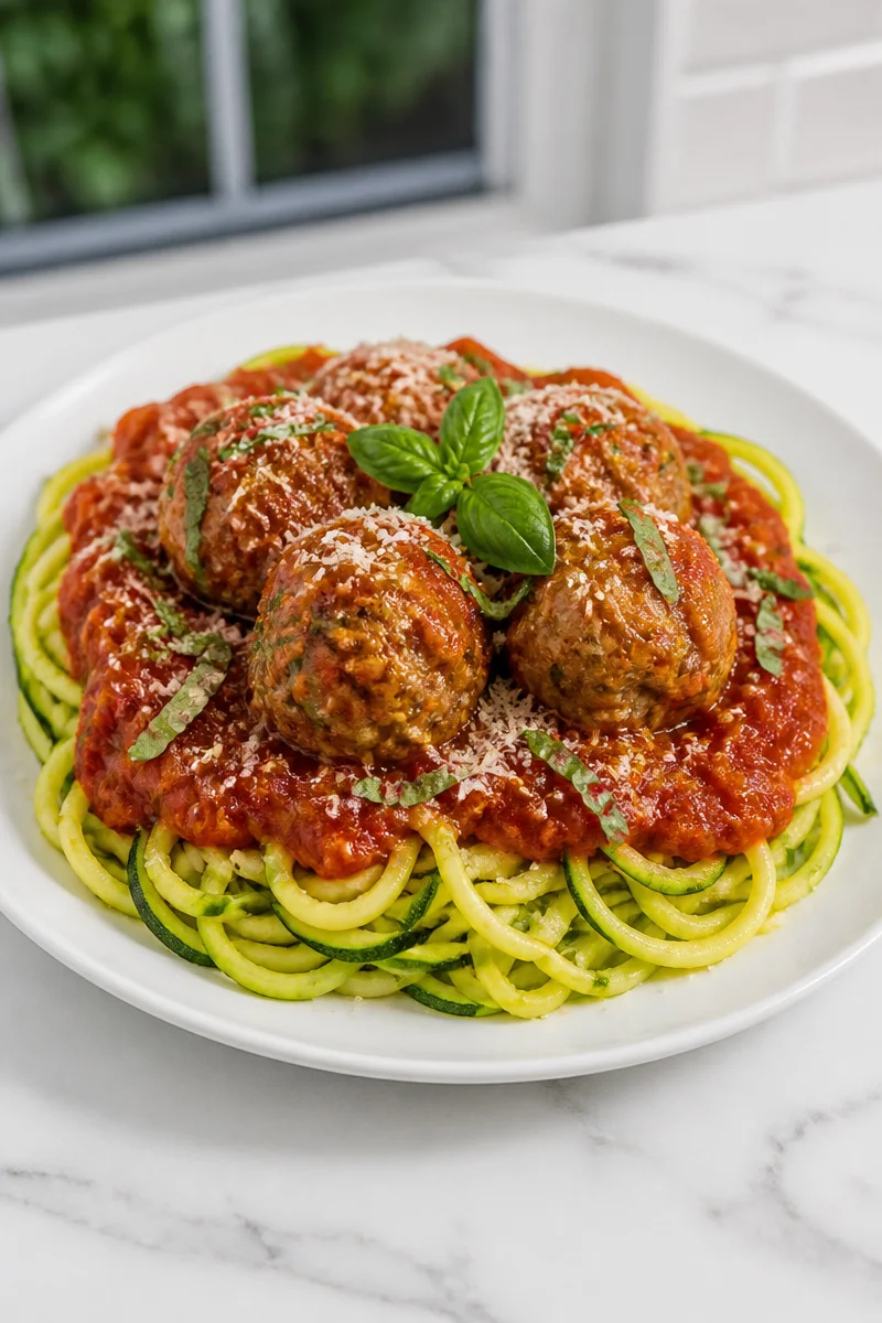 Turkey meatball zucchini noodle marinara served in a bowl with fresh herbs