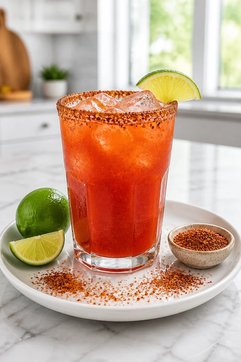 Vampiros Mexicanos Tequila Sangrita Cocktail garnished with lime and spices
