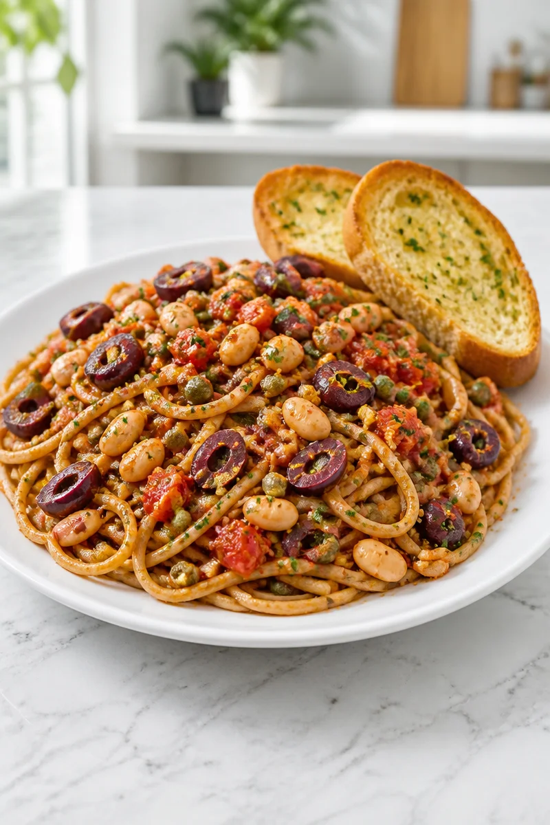Delicious White Bean Puttanesca pasta served in a bowl with fresh herbs