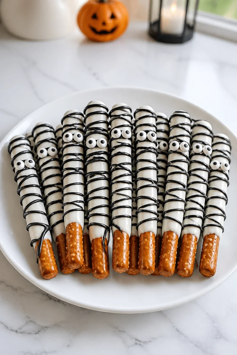 White chocolate Halloween mummy pretzel snacks for festive treats