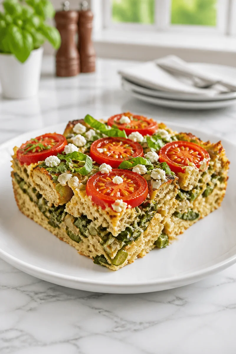 Whole grain tomato spinach feta strata baked dish, healthy breakfast option