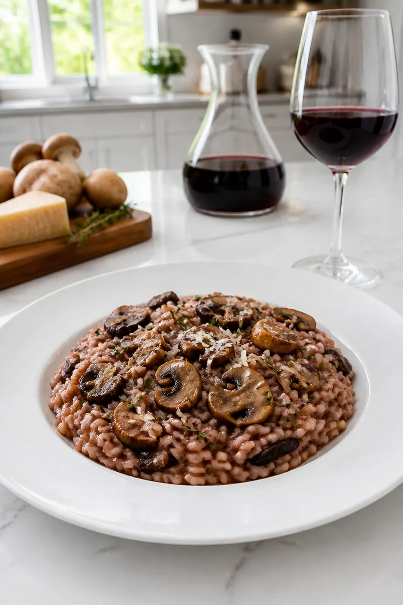 Plate of wild mushroom risotto paired with Pinot Noir wine