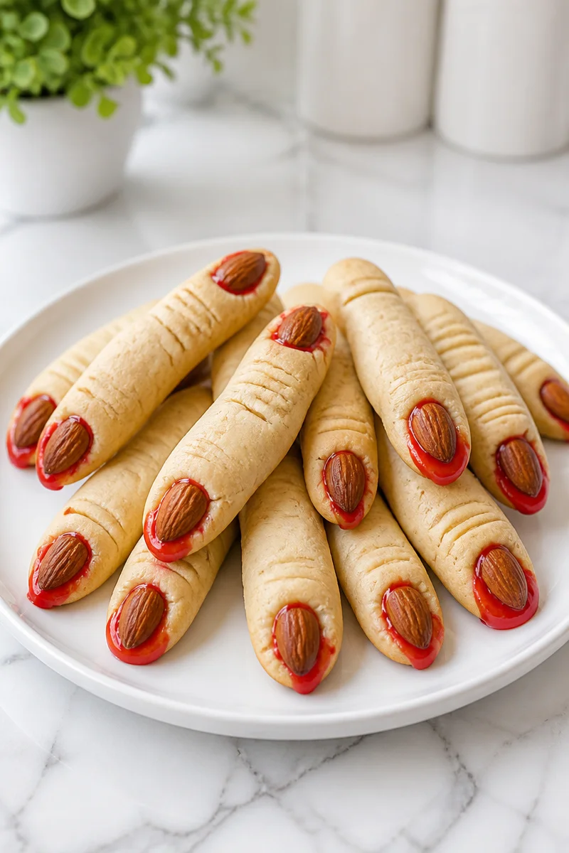 Witch Finger Cookie shaped like fingers with almond nails for Halloween.
