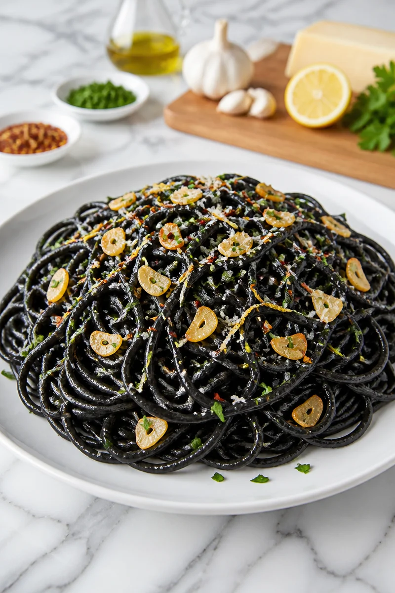 Witches Hair Squid Ink Pasta Chili creatively presented on a plate