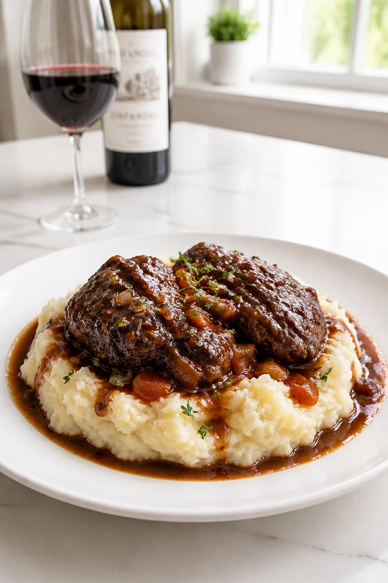A delicious plate of Zinfandel Braised Beef Cheek served with seasonal vegetables.