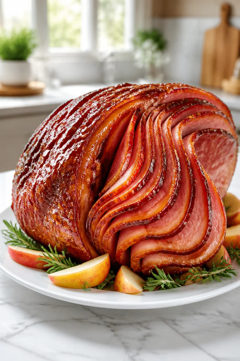 Delicious Apple Cider Glazed Spiral Ham served for a festive meal