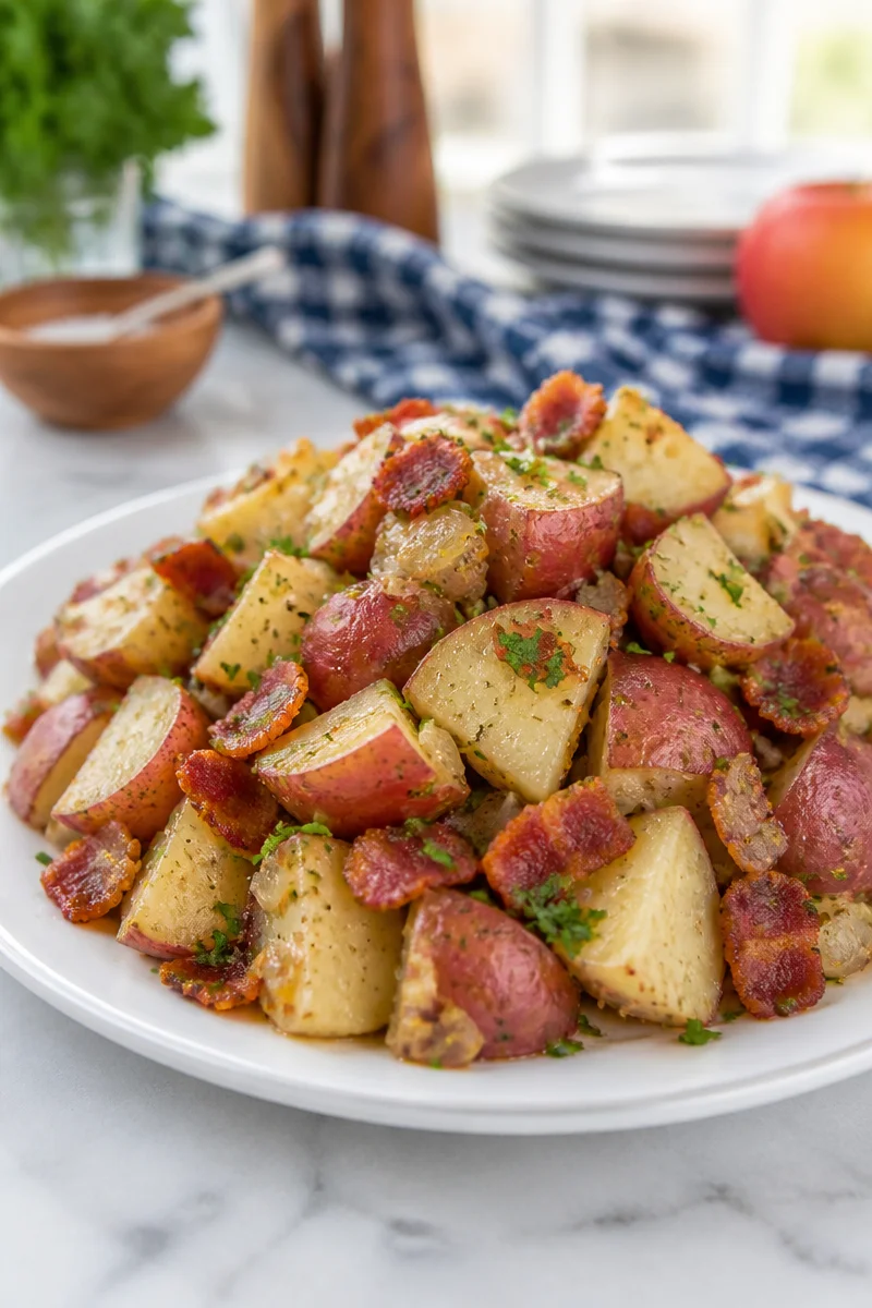 Authentic German potato salad with bacon vinaigrette in a serving bowl