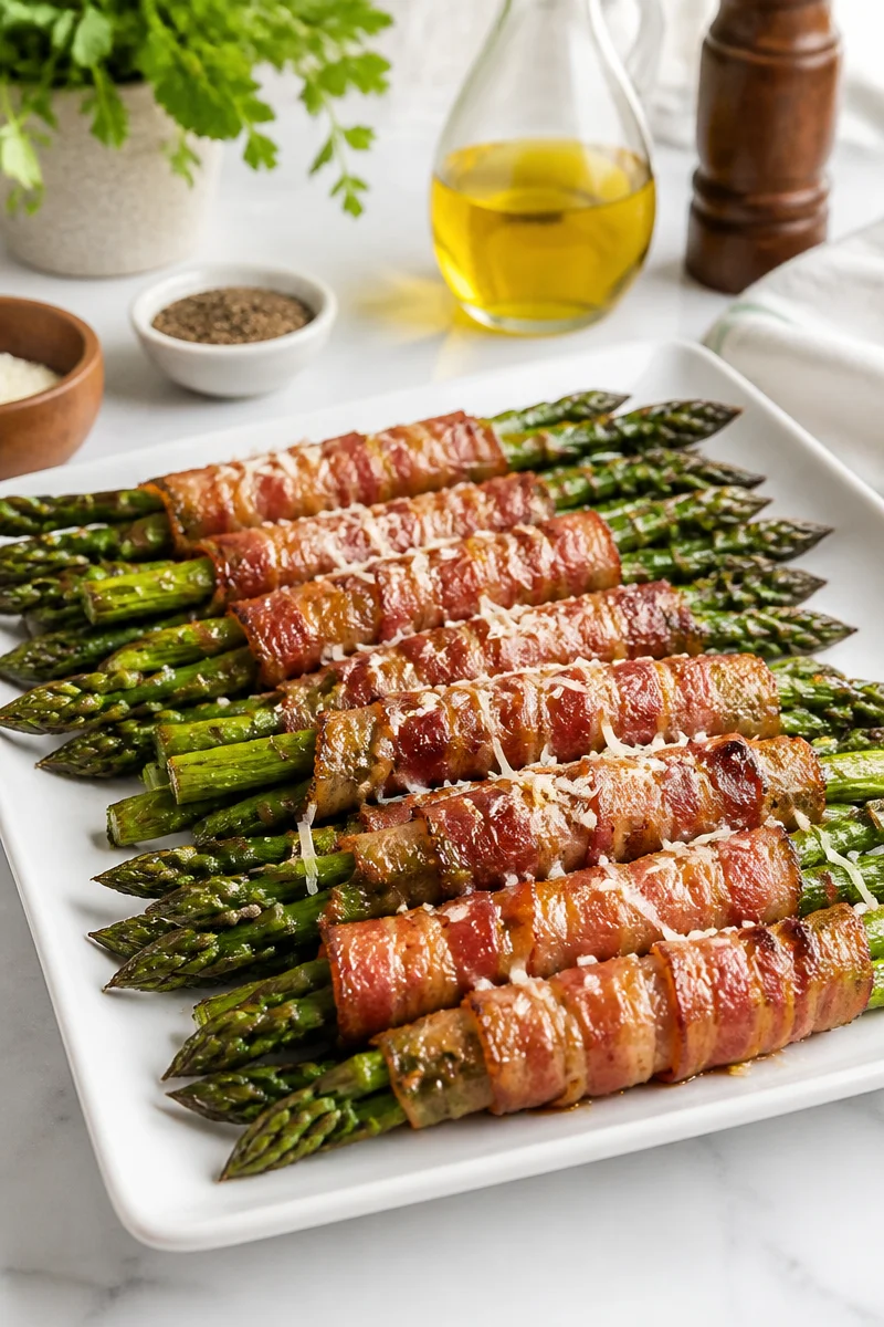 Delicious bacon wrapped asparagus served as a holiday side dish.
