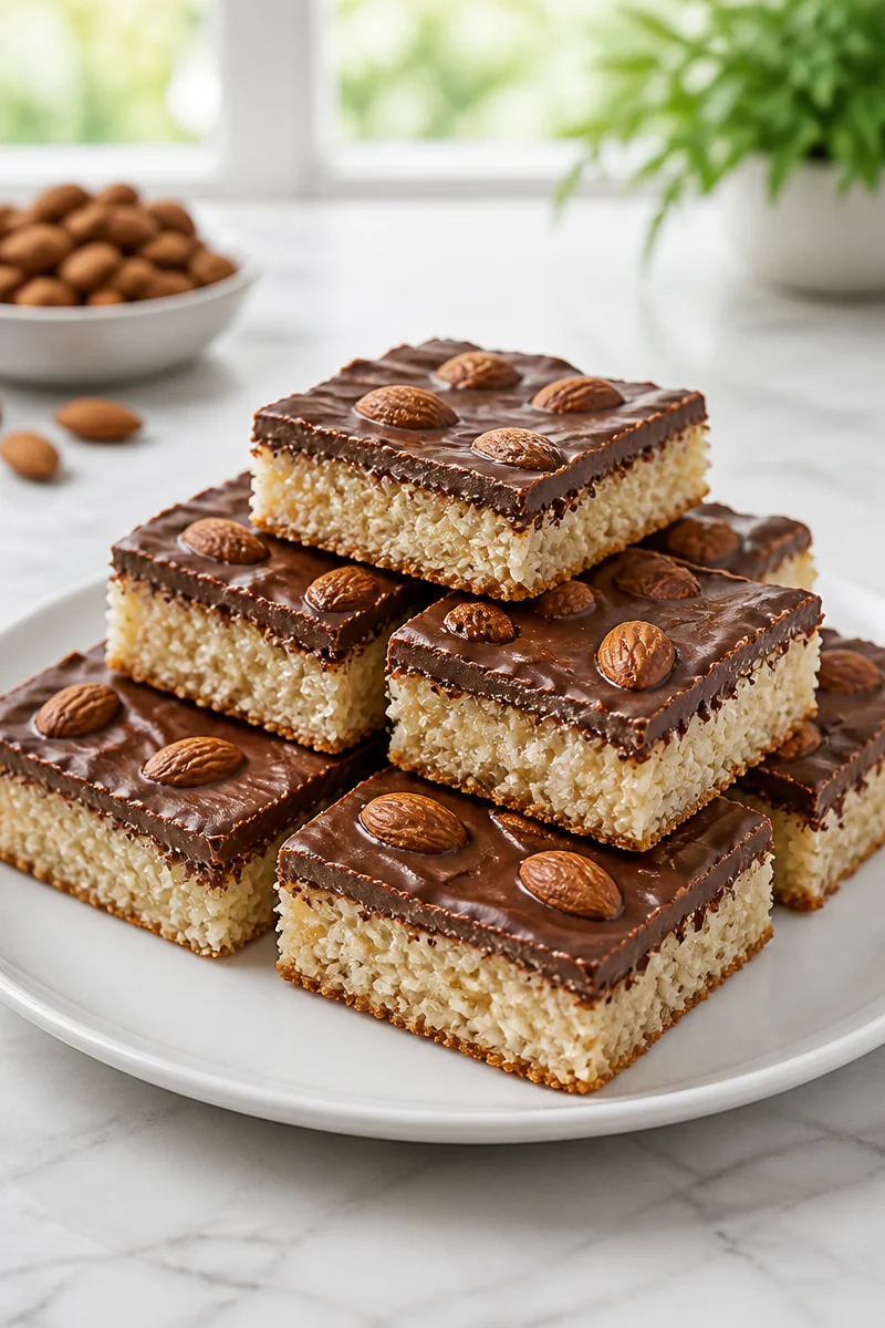 Baked Almond Joy Bar Coconut topped with almonds and coconut shavings