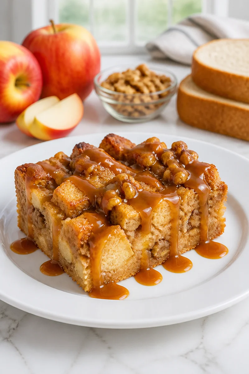 Delicious baked apple walnut bread pudding served warm with a sprinkle of cinnamon.