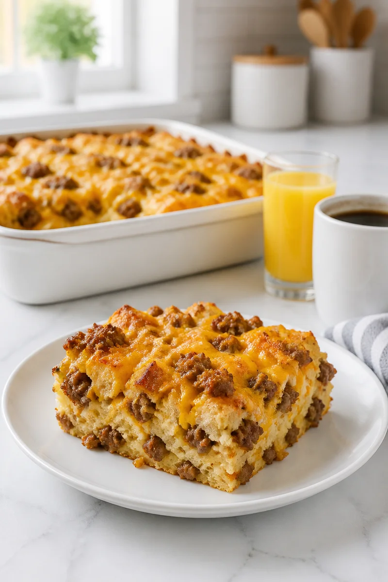 Baked breakfast strata with sausage and cheddar cheese, served in a dish.