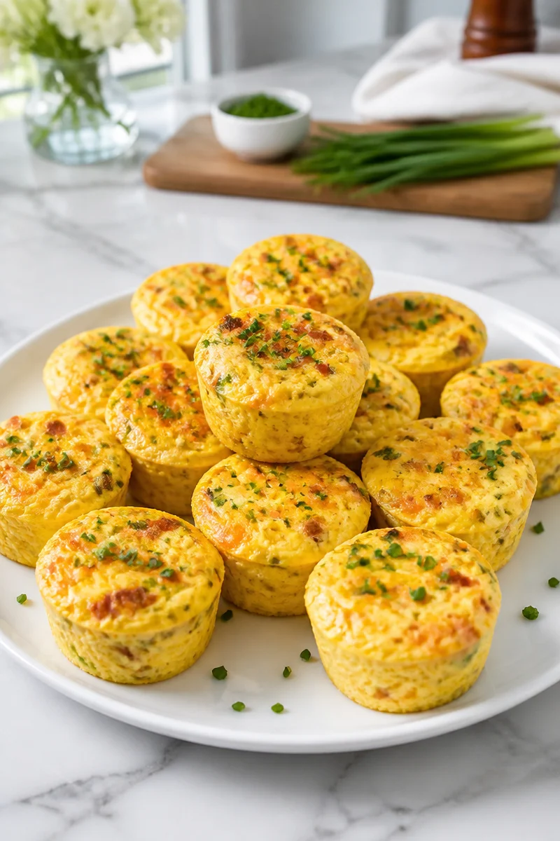 Baked cheddar chive egg bites on a plate, garnished with fresh herbs