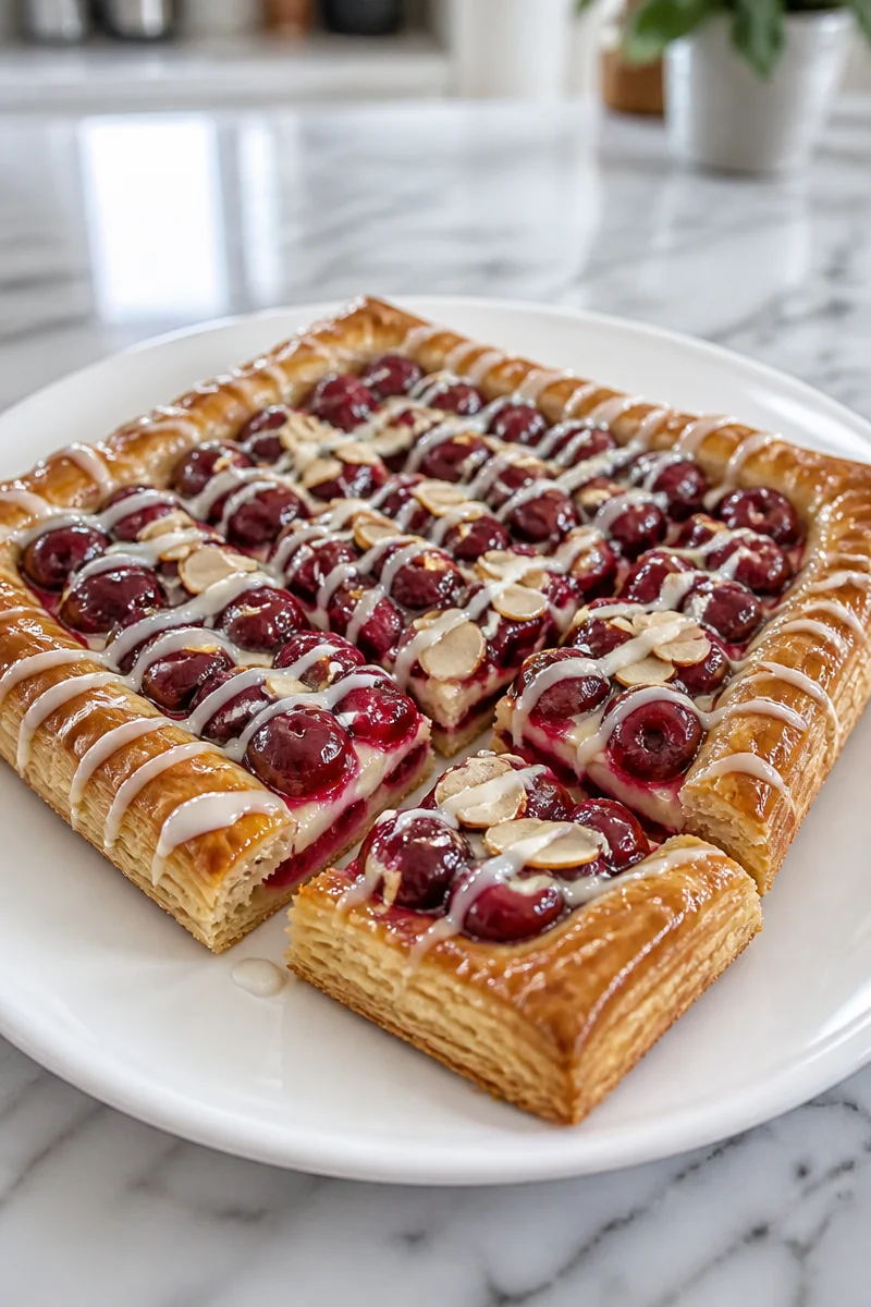 Freshly baked Cherry Almond Danish pastry topped with almonds and cherries.