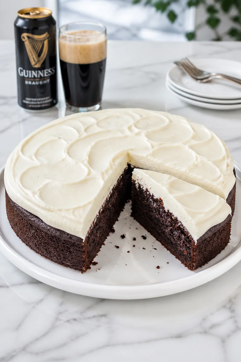 Deliciously baked Chocolate Guinness Stout Cake topped with rich frosting