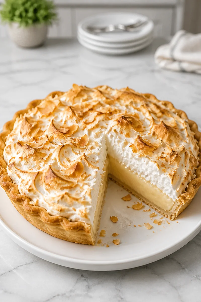 Baked coconut cream pie meringue topped with fluffy meringue and toasted coconut.