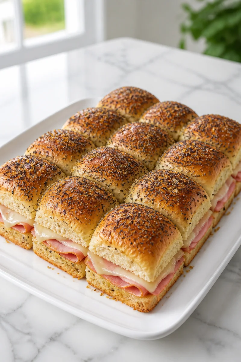 Baked ham and cheese sliders on a serving platter