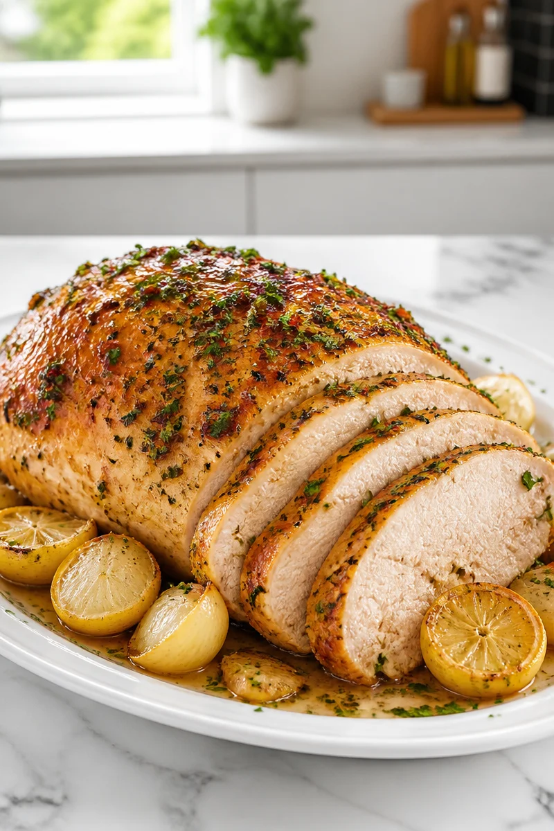 Delicious baked lemon herb turkey breast ready to serve