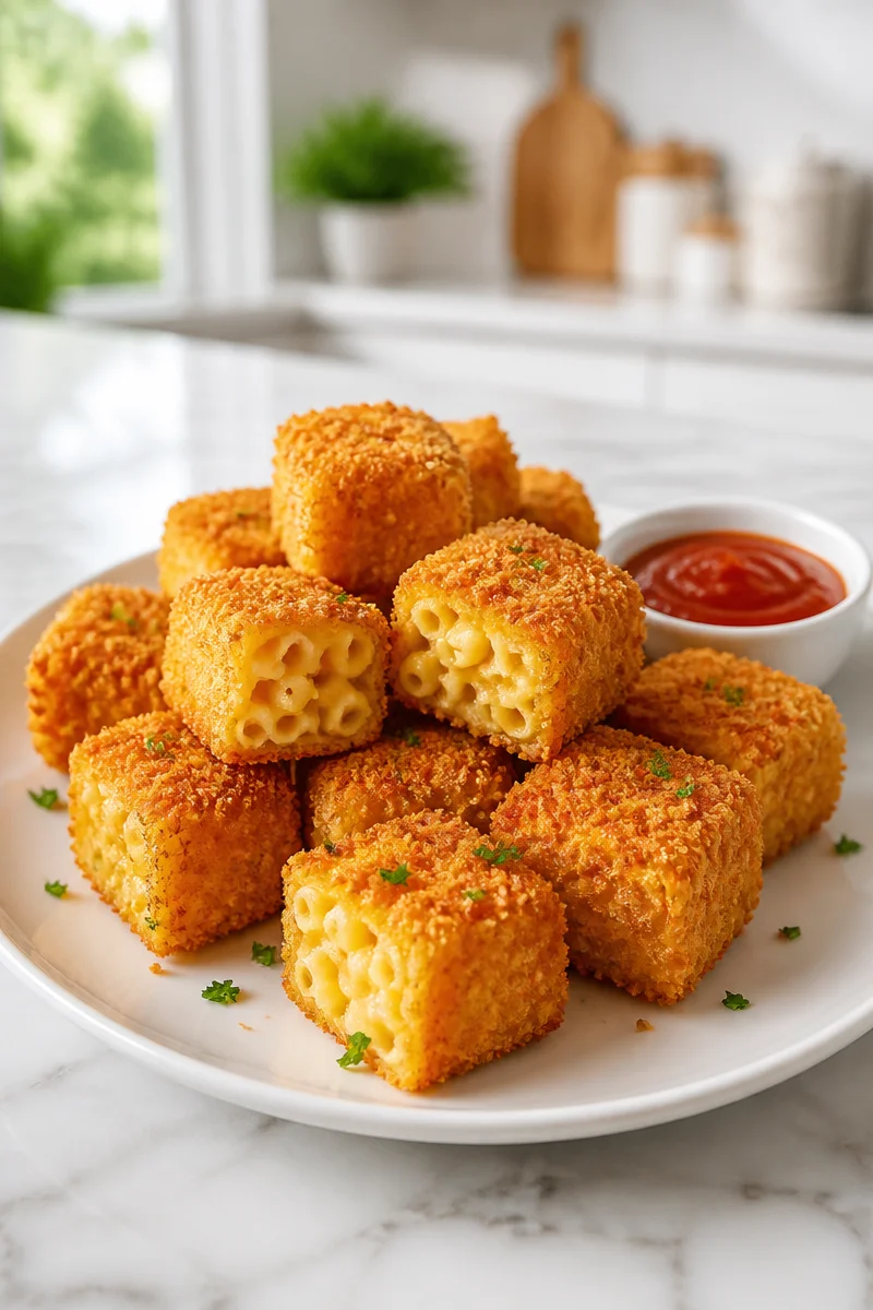 Baked mac and cheese bites, crispy on the outside and cheesy on the inside.