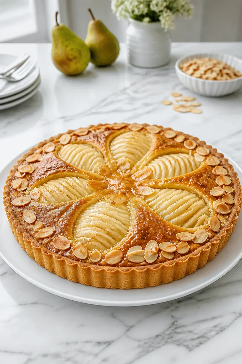 Baked Pear Almond Frangipane Tart served on a rustic wooden table