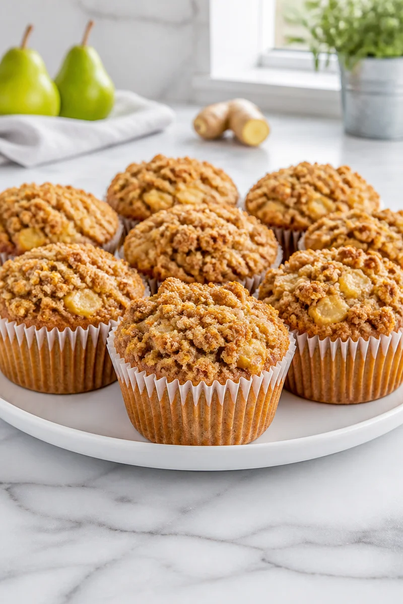 Baked Pear Ginger Muffin with crumb topping, showcasing a delicious combination of flavors.