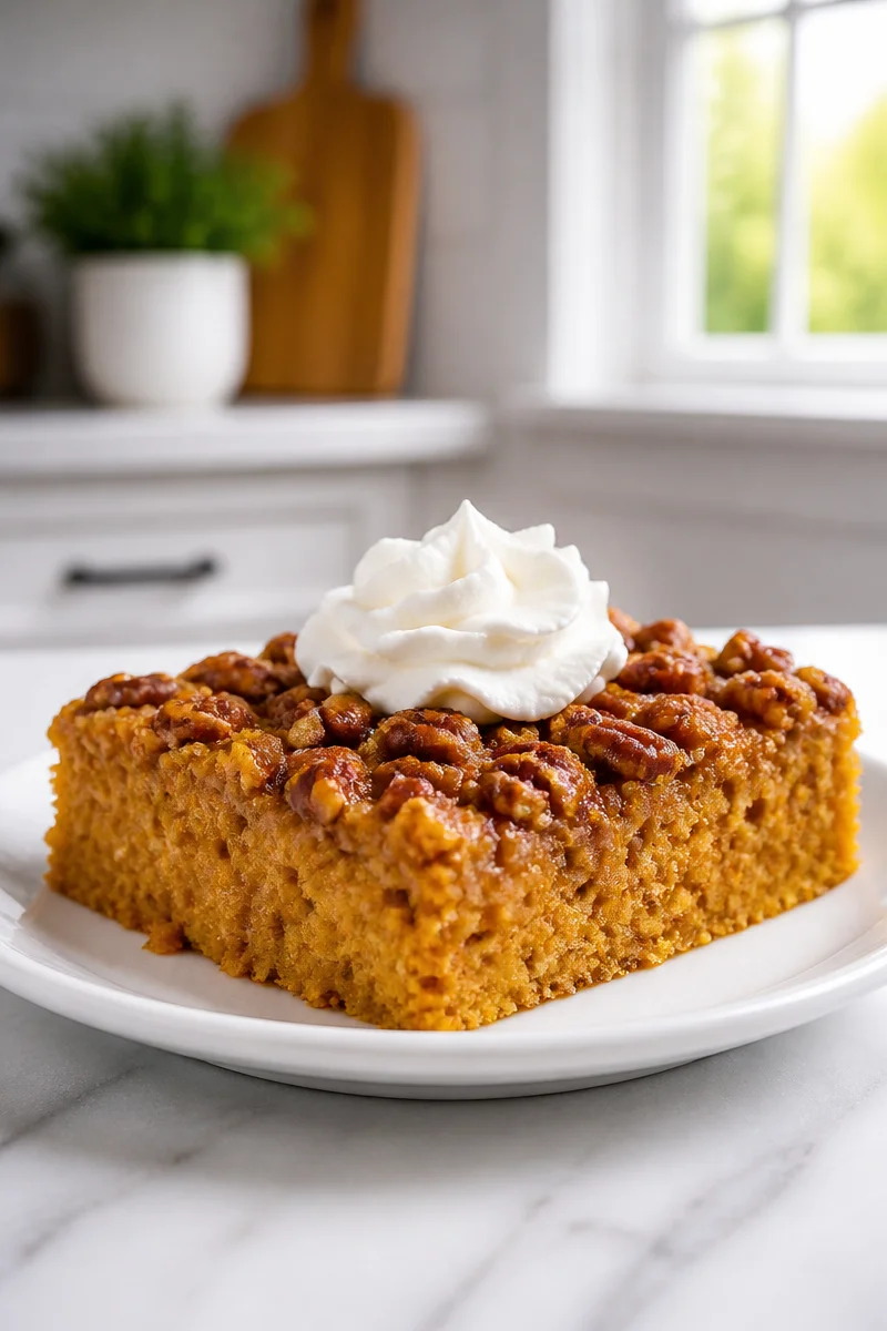 Baked Pumpkin Crunch Cake Layer topped with whipped cream and crunchy pecans