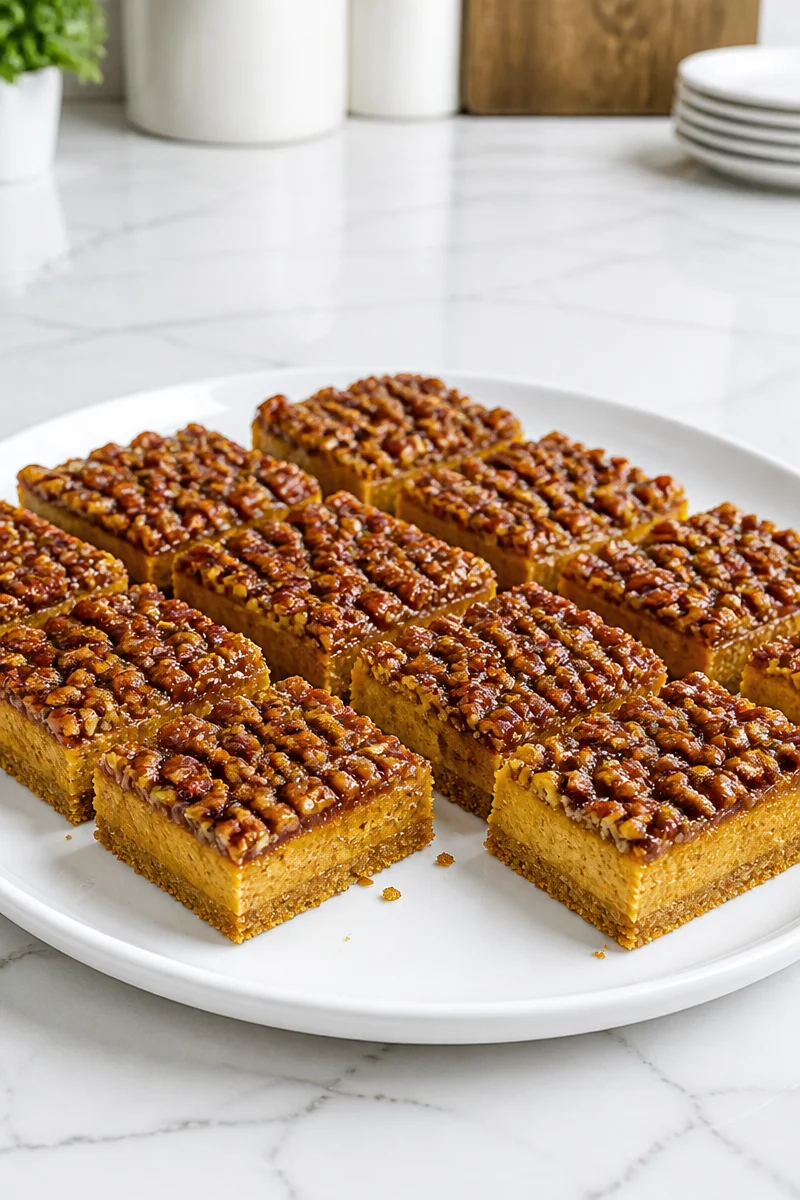 Delicious baked pumpkin pecan cheesecake bar with a golden crust and creamy filling.