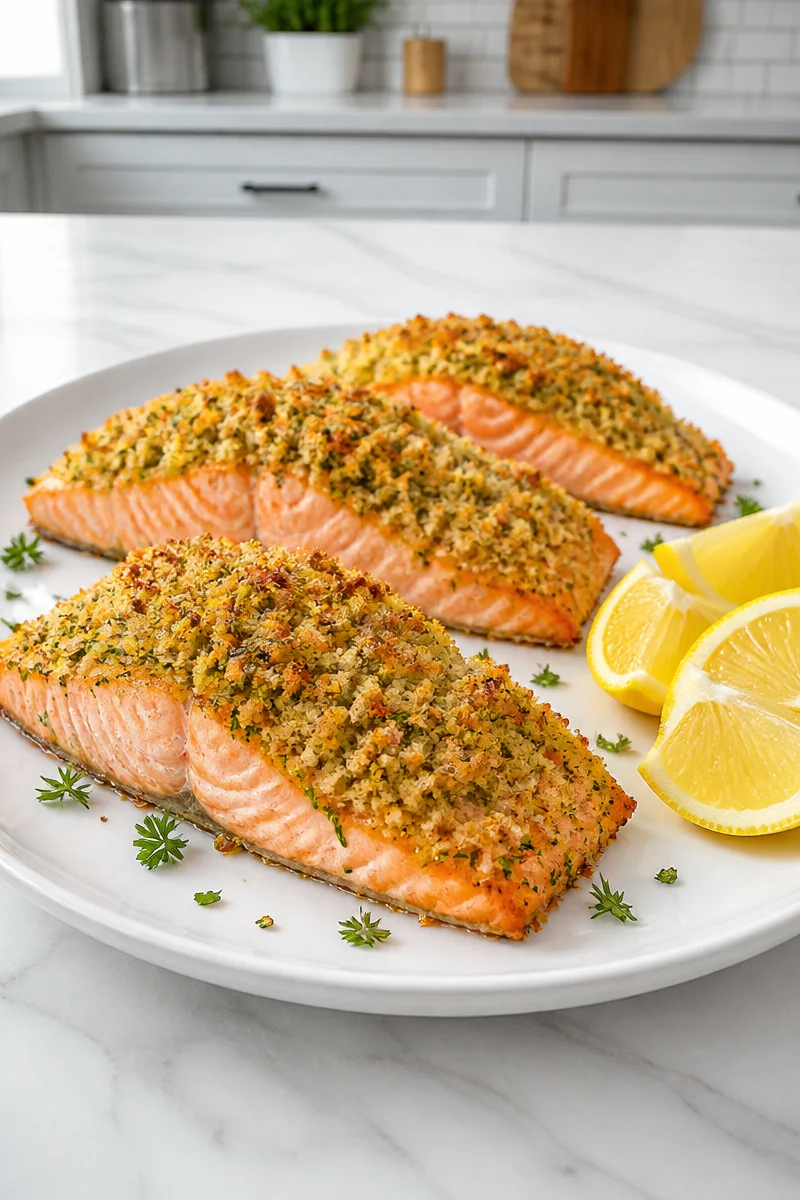 Baked salmon fillet with Dijon herb crust on a plate garnished with lemon.
