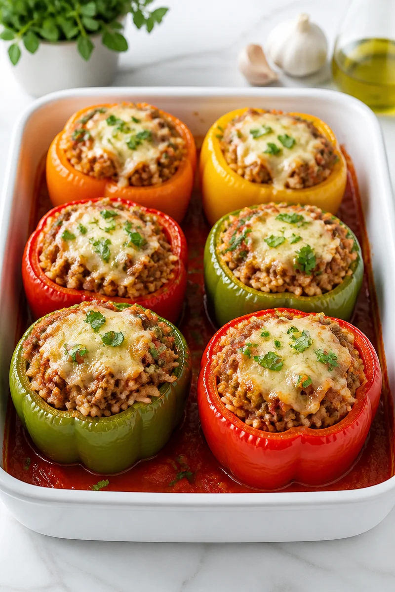 Baked Stuffed Bell Pepper Casserole served in a dish