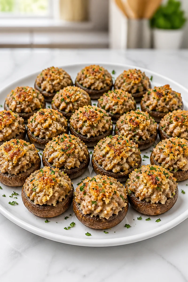 Baked stuffed mushroom caps with sausage filling, a delicious appetizer.