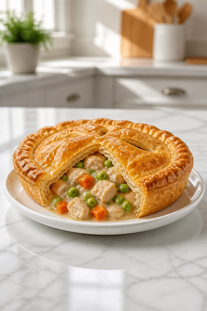 Baked Turkey Pot Pie featuring golden puff pastry crust and savory filling