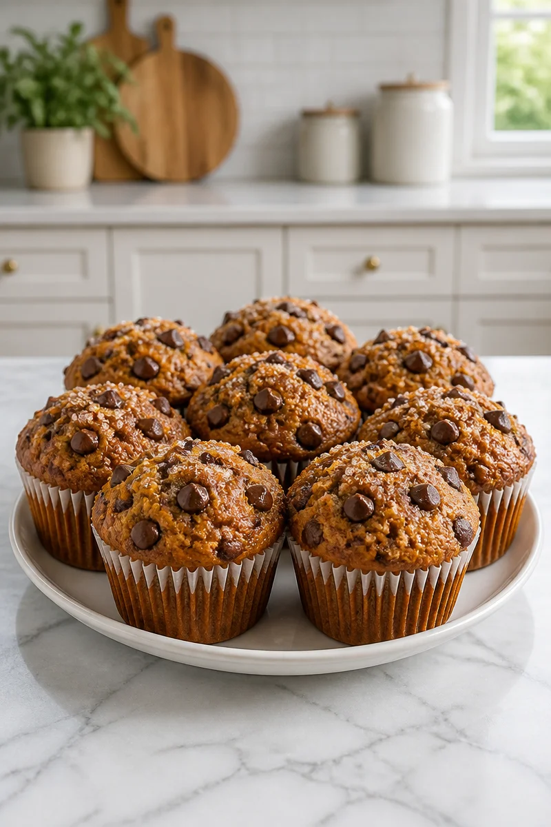 Bakery style pumpkin chocolate muffin with chocolate chips and fall decorations