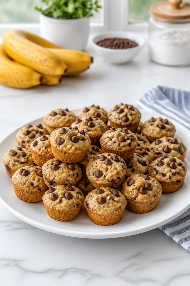 Freshly baked Banana Chocolate Chip Mini Muffins on a cooling rack
