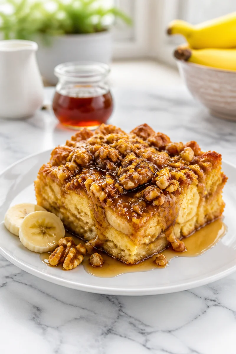 Delicious Banana Walnut Baked French Toast topped with walnuts and bananas