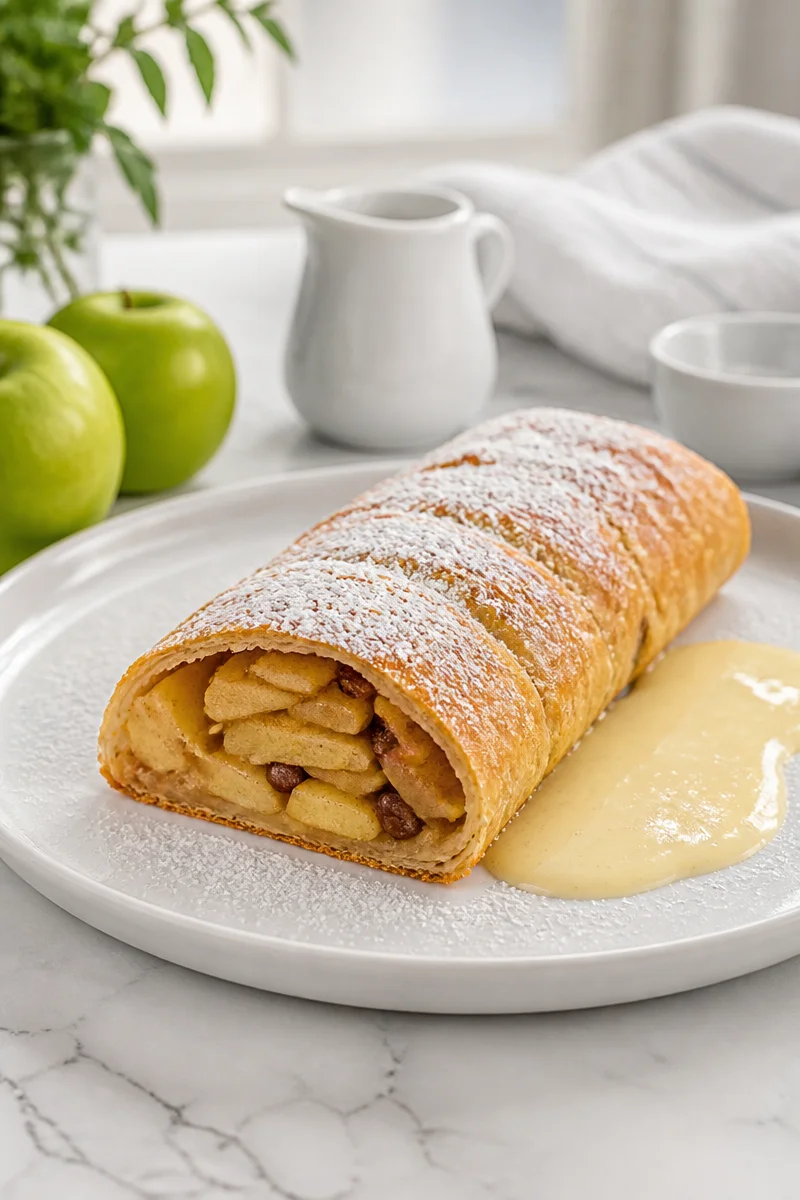 Bavarian apple strudel served with a rich vanilla sauce