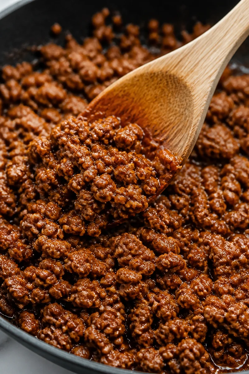 Homemade taco seasoning mix in a jar with spices and herbs on a wooden background.