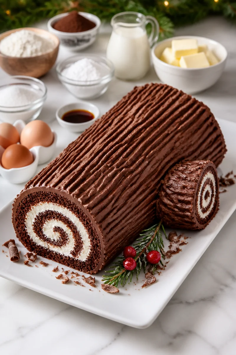 Chocolate Yule Log Cake decorated for Christmas celebration