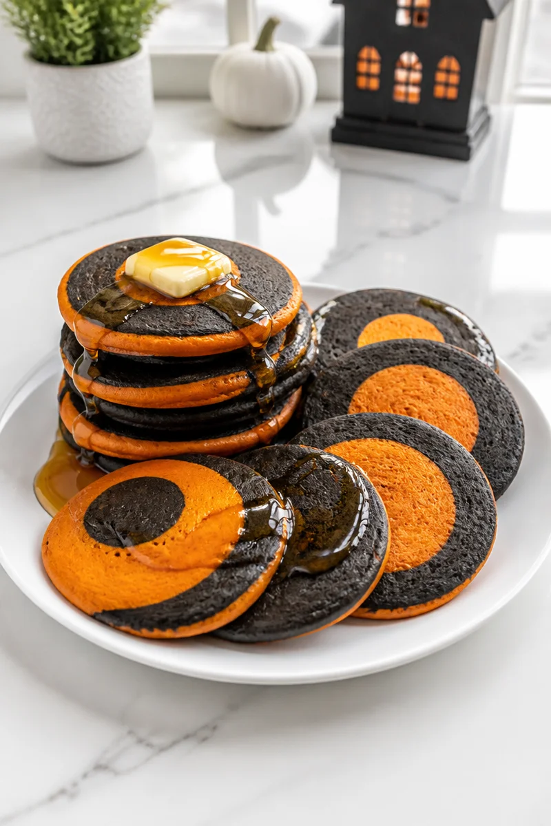 Black and orange Halloween pancakes stacked with spooky decorations