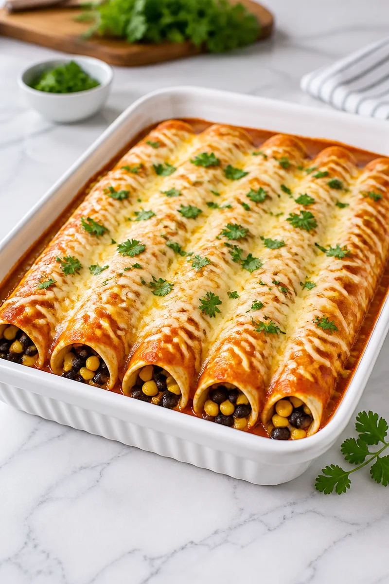 Black bean pumpkin enchiladas topped with festive decorations for Halloween