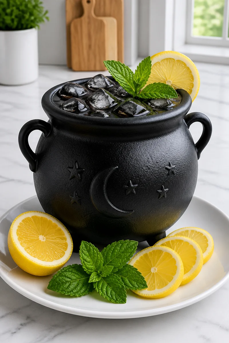 Black Cauldron Halloween iced tea in a spooky themed glass