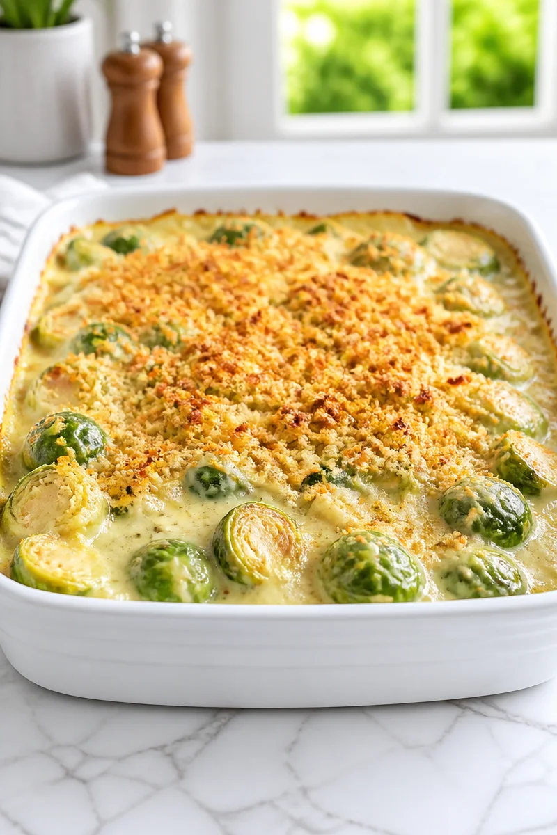 Delicious Brussels Sprout Gratin with Parmesan Cream served in a dish.