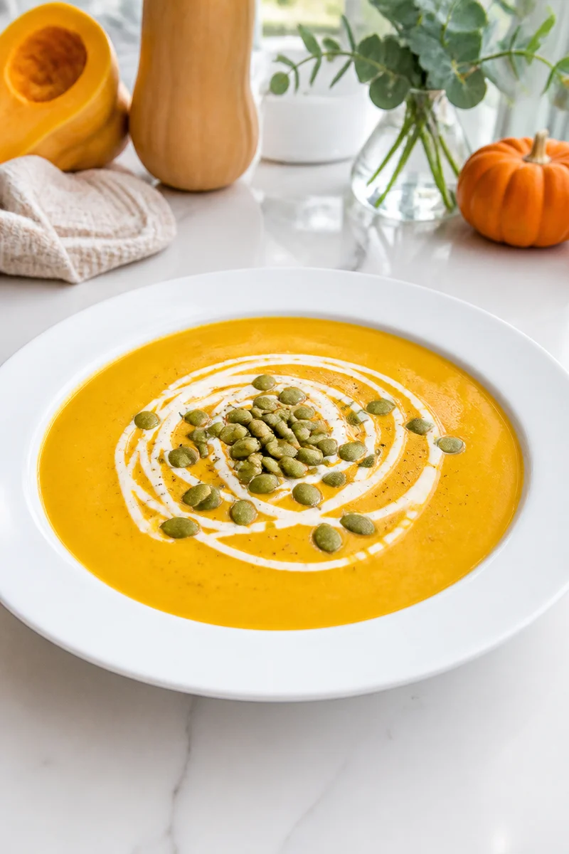 A bowl of Butternut Squash Halloween Harvest Soup topped with pumpkin seeds.