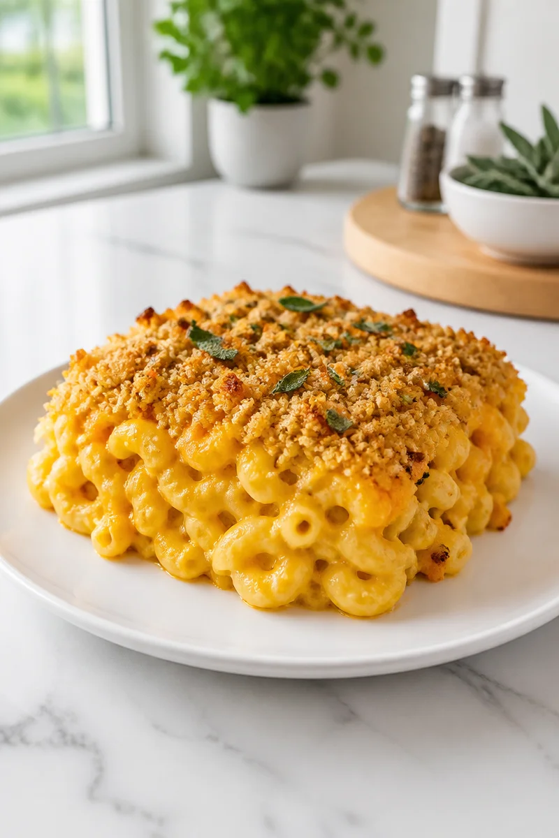 Creamy butternut squash mac cheese bake topped with golden breadcrumbs